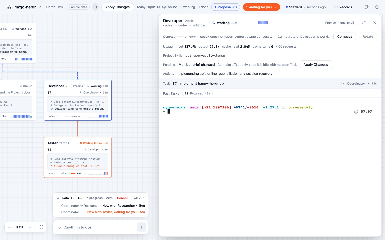 A Member's panel: its context and token usage, its current Task, and its live terminal attached beside the Team.